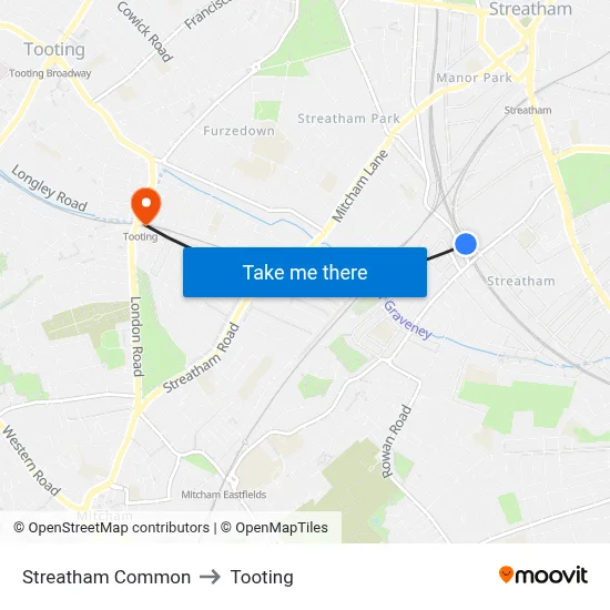 Streatham Common to Tooting map