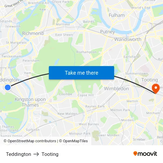 Teddington to Tooting map