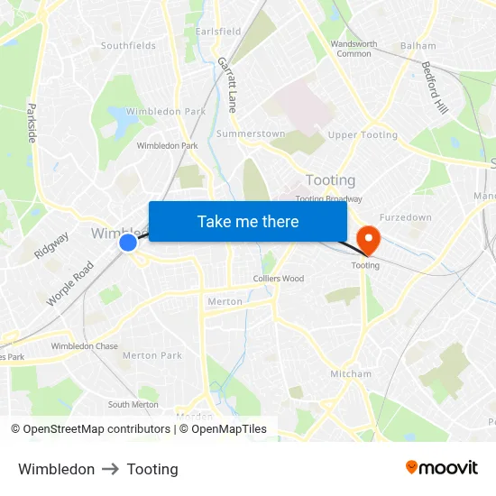 Wimbledon to Tooting map