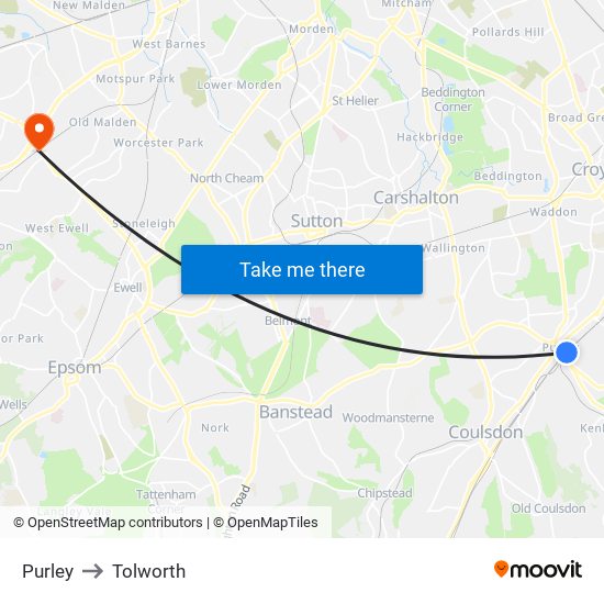 Purley to Tolworth map