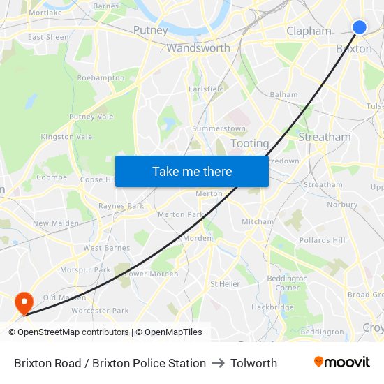 Brixton Road / Brixton Police Station to Tolworth map