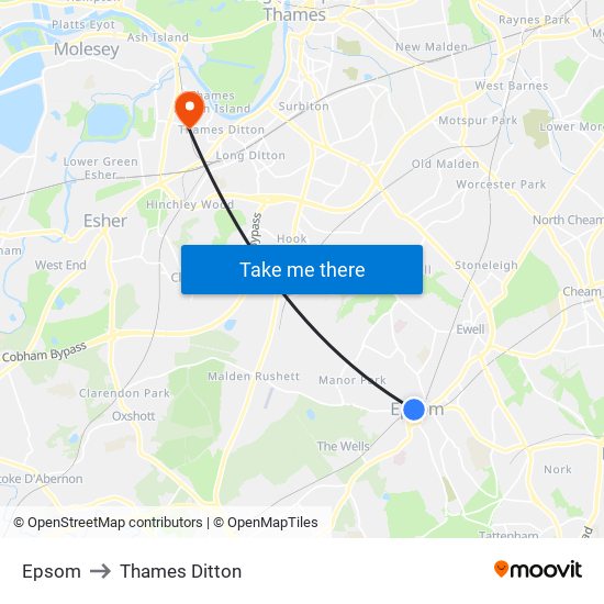 Epsom to Thames Ditton map