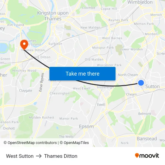 West Sutton to Thames Ditton map