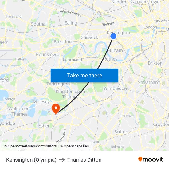 Kensington (Olympia) to Thames Ditton map