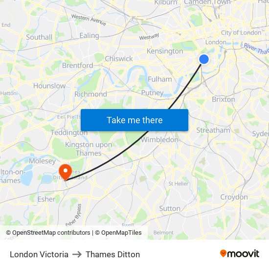 London Victoria to Thames Ditton map