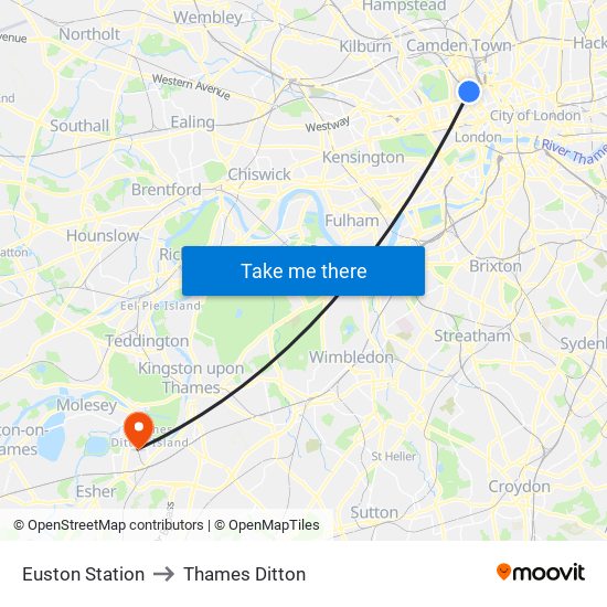 Euston Station to Thames Ditton map