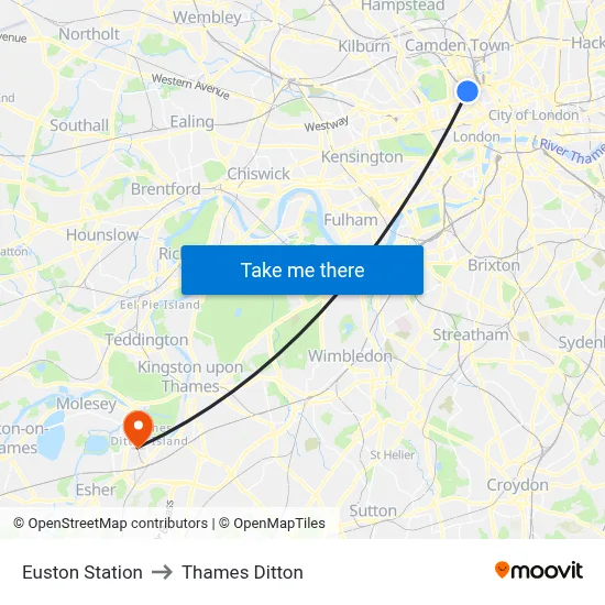 Euston Station to Thames Ditton map