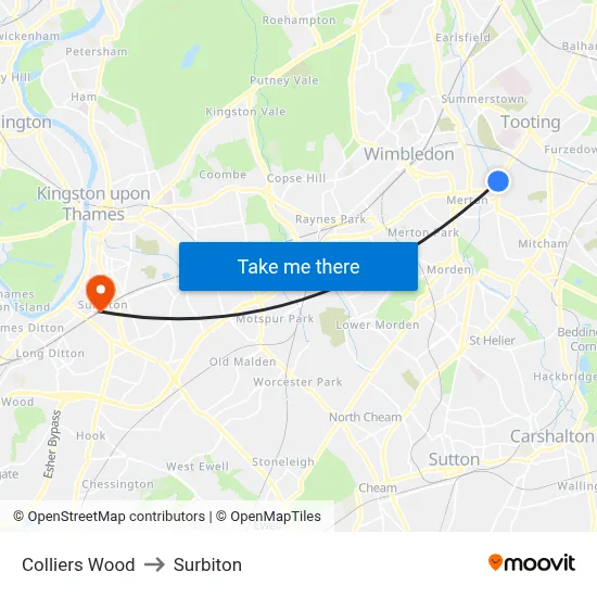Colliers Wood to Surbiton map