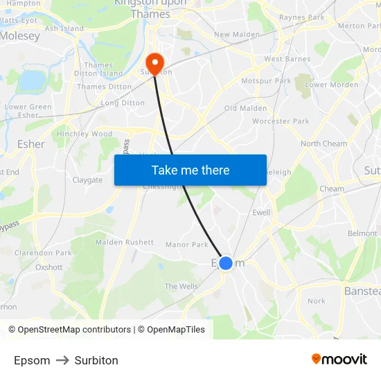 Epsom to Surbiton map
