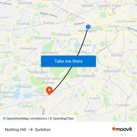 Notting Hill to Surbiton map