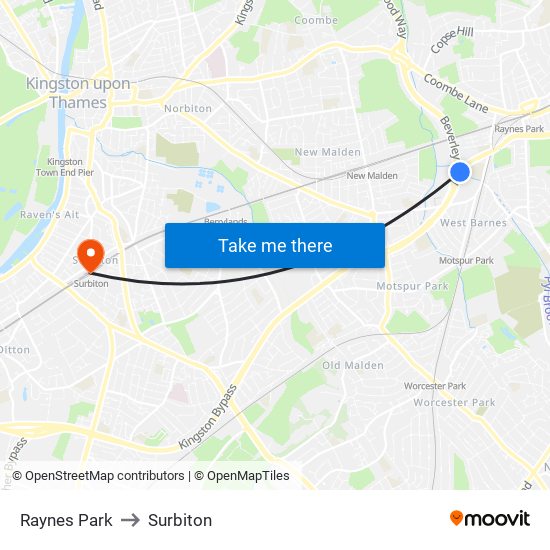 Raynes Park to Surbiton map