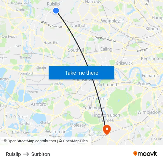 Ruislip to Surbiton map