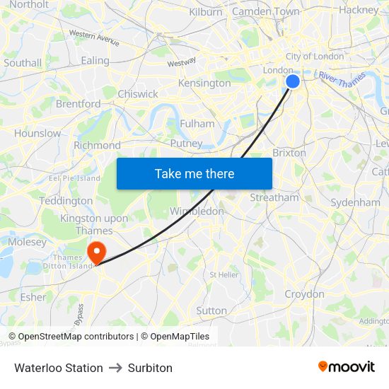 Waterloo Station to Surbiton map