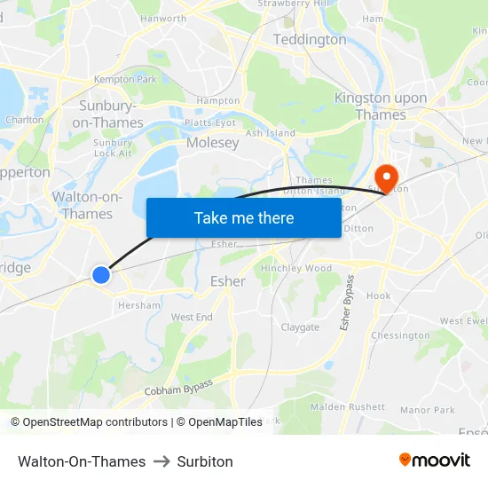 Walton-On-Thames to Surbiton map