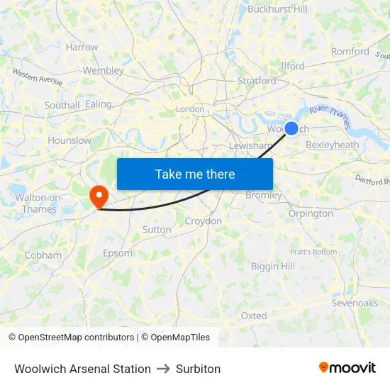 Woolwich Arsenal Station to Surbiton map