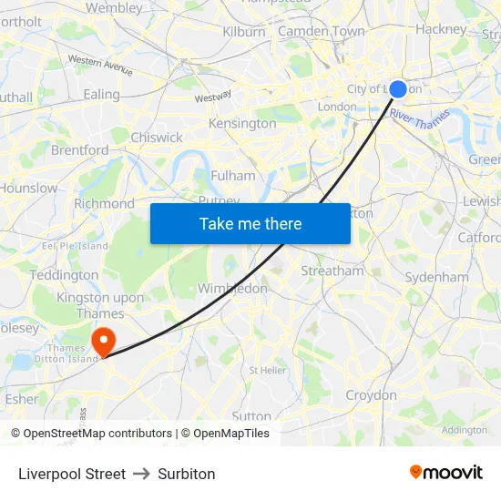 Liverpool Street to Surbiton map