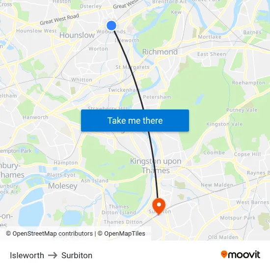 Isleworth to Surbiton map