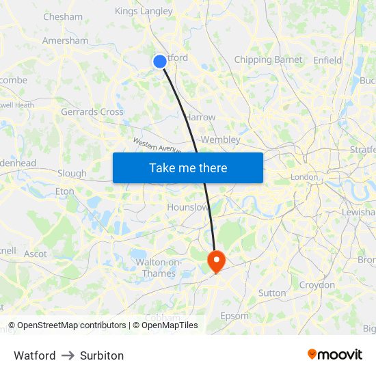 Watford to Surbiton map