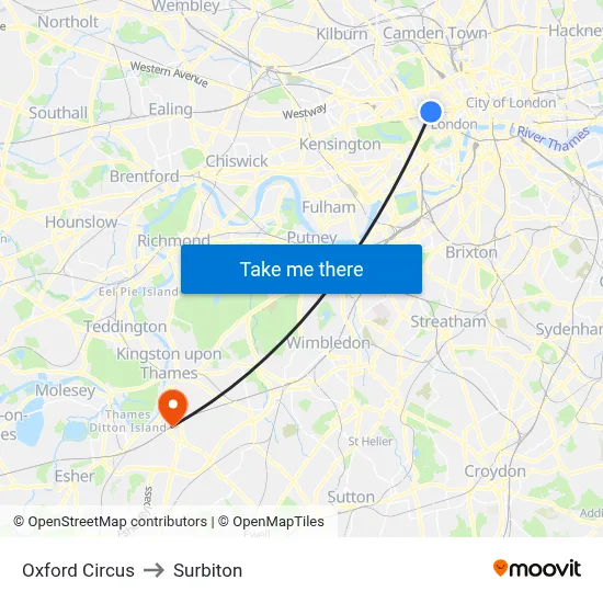 Oxford Circus to Surbiton map
