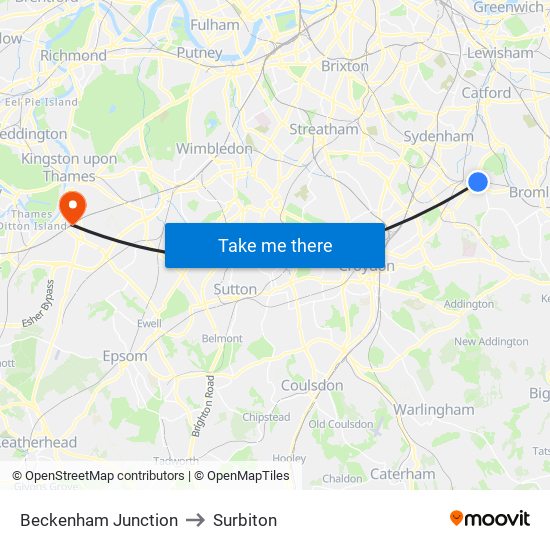 Beckenham Junction to Surbiton map