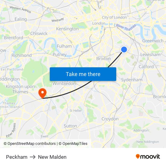 Peckham to New Malden map