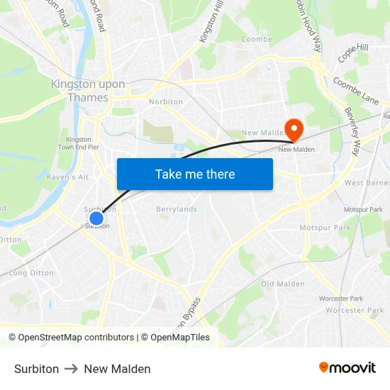 Surbiton to New Malden map