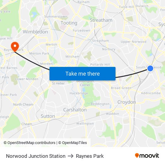 Norwood Junction Station to Raynes Park map