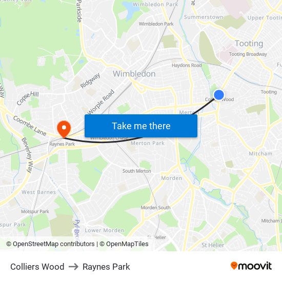 Colliers Wood to Raynes Park map