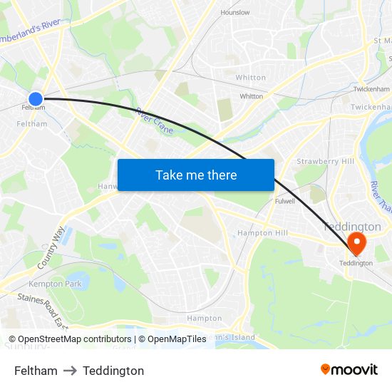 Feltham to Teddington map