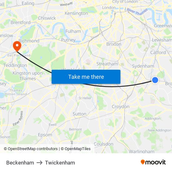 Beckenham to Twickenham map