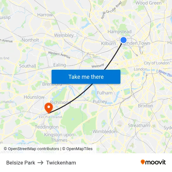Belsize Park to Twickenham map