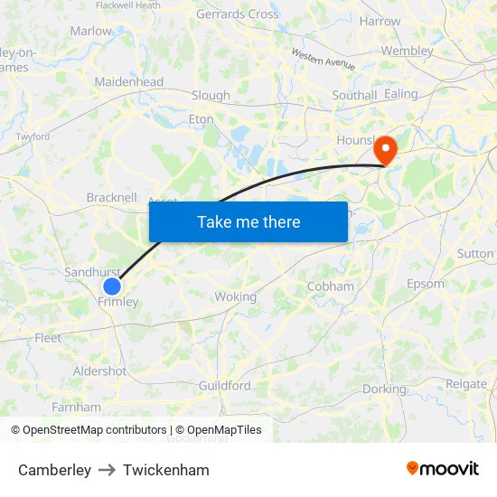 Camberley to Twickenham map