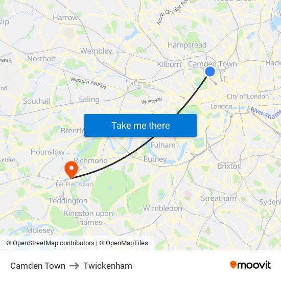 Camden Town to Twickenham map