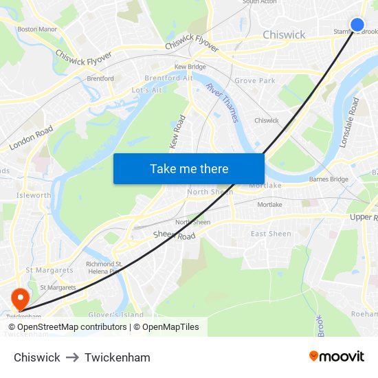 Chiswick to Twickenham map