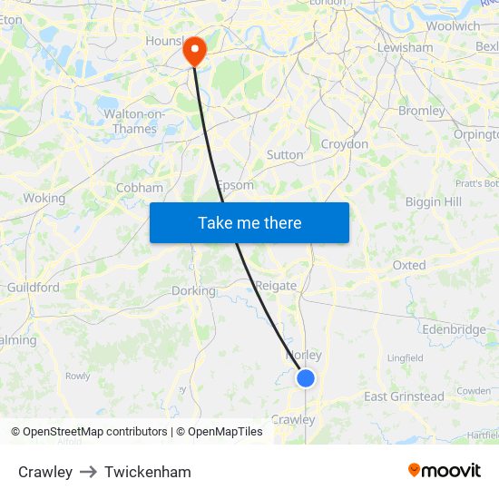 Crawley to Twickenham map