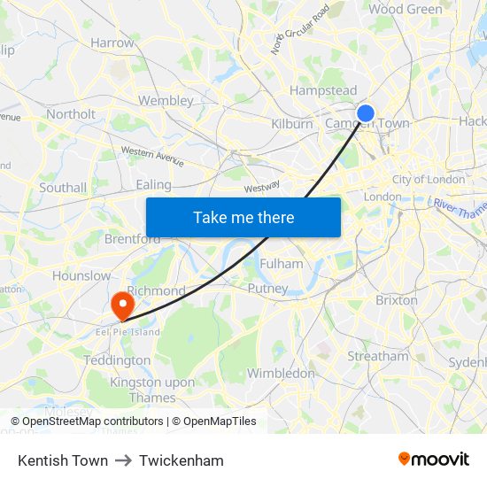 Kentish Town to Twickenham map