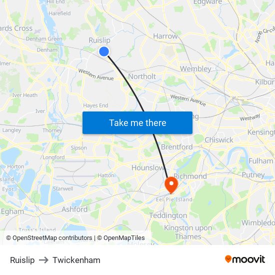 Ruislip to Twickenham map