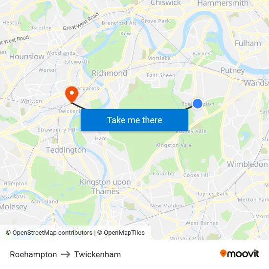 Roehampton to Twickenham map