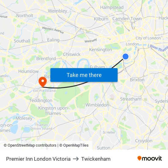 Premier Inn London Victoria to Twickenham map