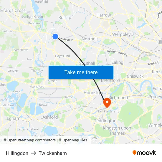 Hillingdon to Twickenham map