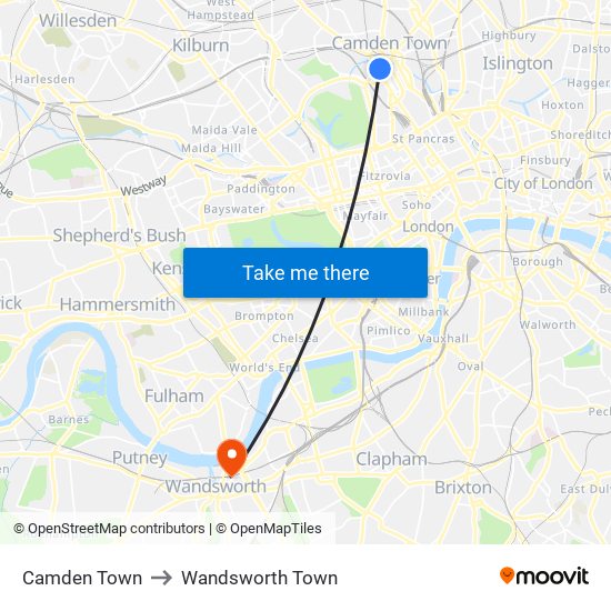Camden Town to Wandsworth Town map