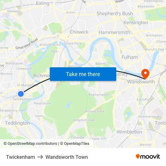 Twickenham to Wandsworth Town map