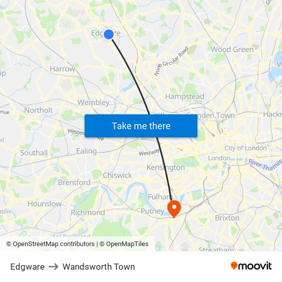 Edgware to Wandsworth Town map