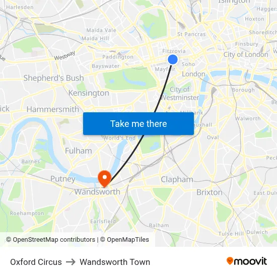 Oxford Circus to Wandsworth Town map