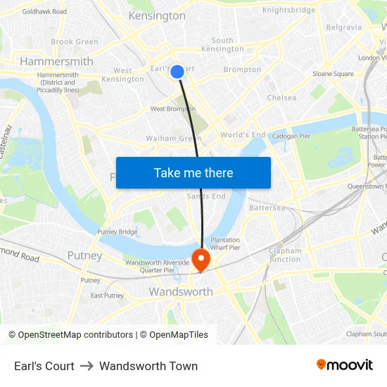 Earl's Court to Wandsworth Town map