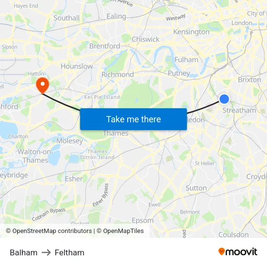 Balham to Feltham map