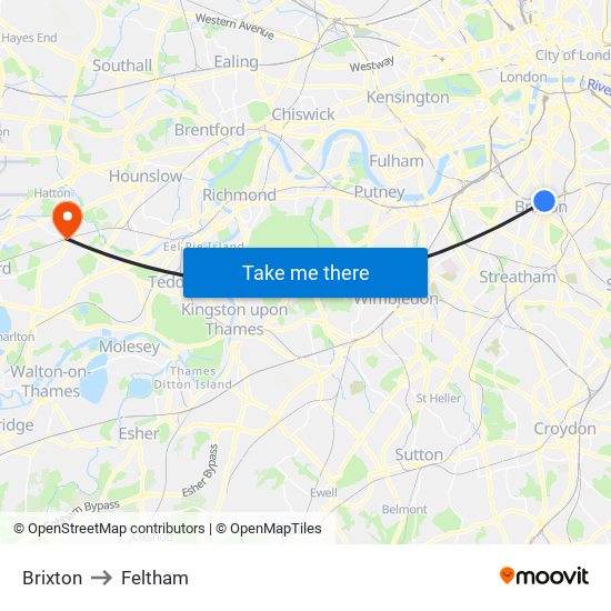 Brixton to Feltham map