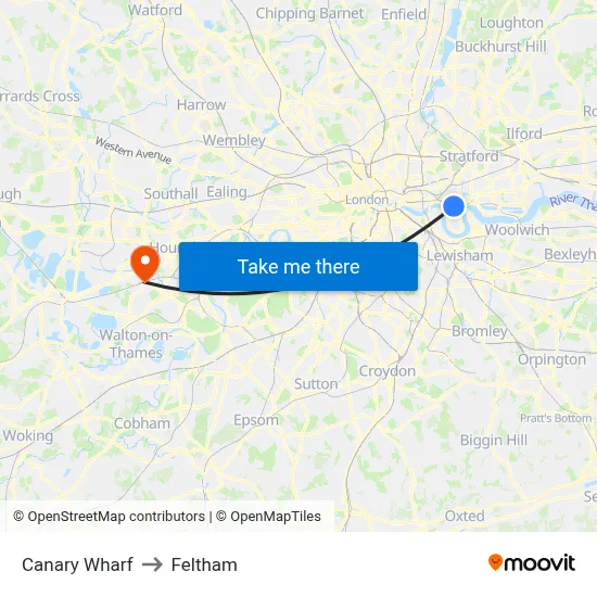 Canary Wharf to Feltham map