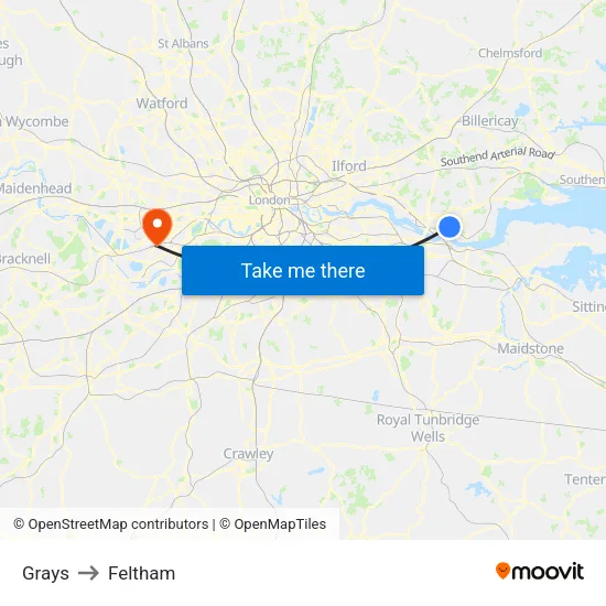 Grays to Feltham map