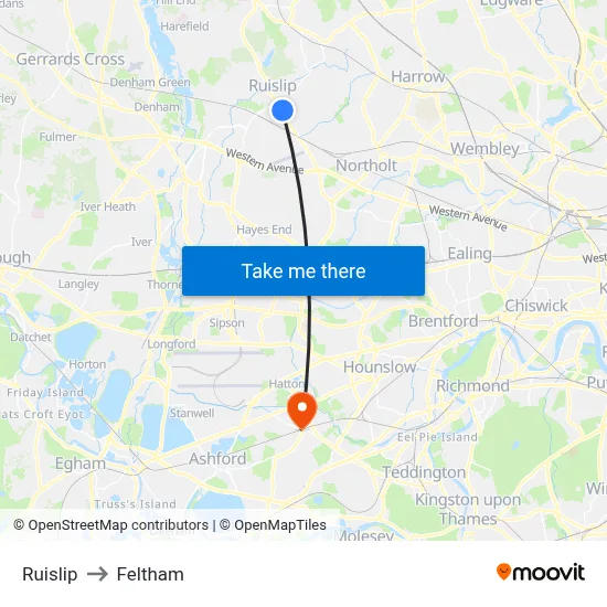 Ruislip to Feltham map
